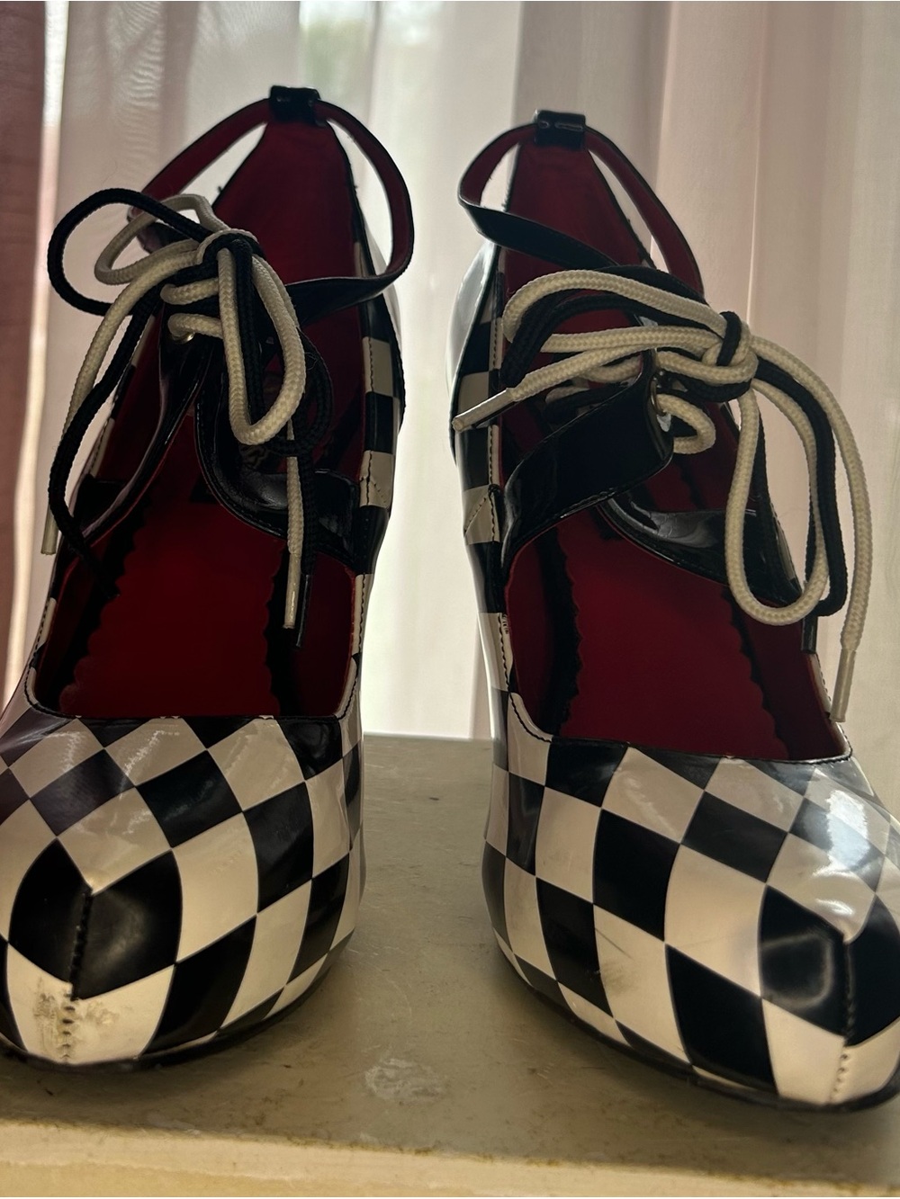 Funtasma Black & White Checkered Lace-Up Platform Heels with Red Lining